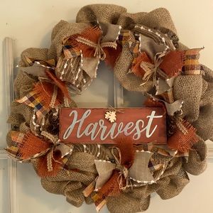 14” fall harvest burlap and ribbon wreath.